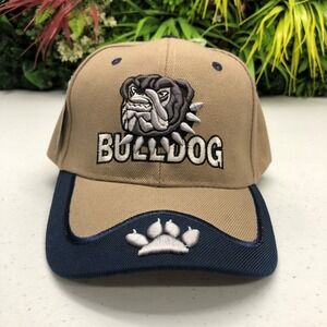Bulldog Hat Cap Strap Back Mens One Size Tan Navy Embroidered Paw Adjustable